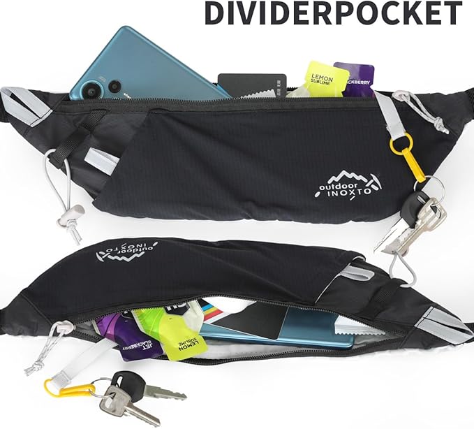 INOXTO Slim Running Belt Fanny Pack for Women and Men Sports Waist Bag Pack with 300ml Water Bottle for Running Walking Cycling Hiking Reflective Running Pouch Belt for All Phones (Black) (Black)