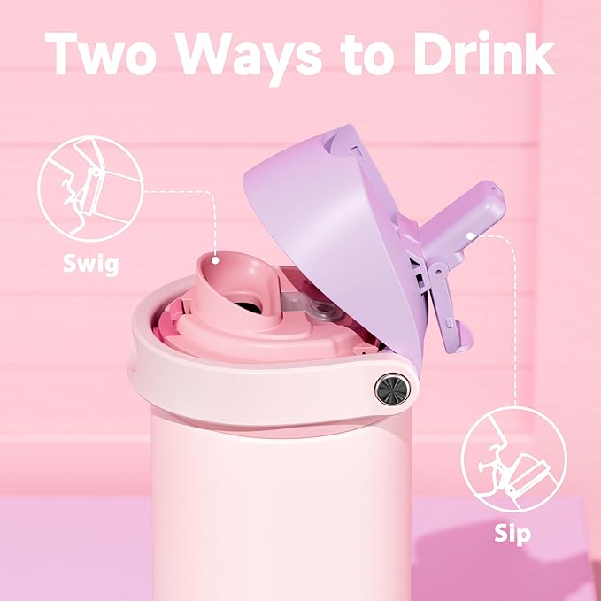 24 oz Insulated Water Bottle for Sports: Meoky Stainless Steel Water Bottle with 2-in-1 Straw and Spout Lid - Leak Proof, Cold for 24 Hours, Fits in Car Cup Holder, BPA-Free for Women Travel, Candy