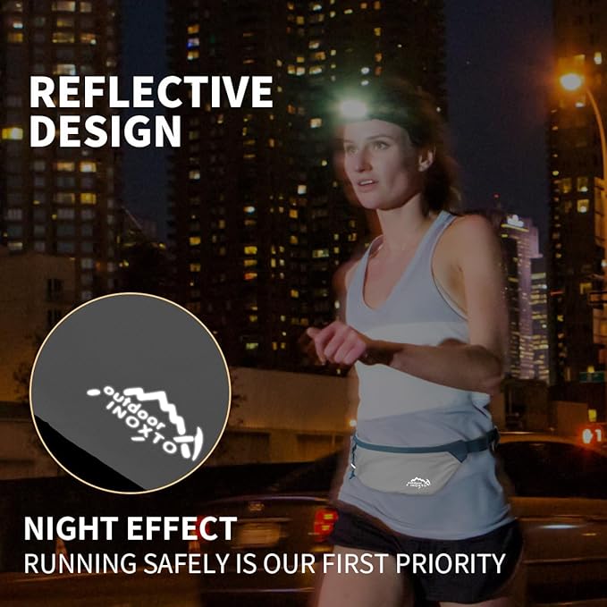 INOXTO Slim Running Belt Fanny Pack for Women and Men Sports Waist Bag Pack with 300ml Water Bottle for Running Walking Cycling Hiking Reflective Running Pouch Belt for All Phones (Black) (White Blue)