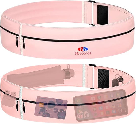 BibBoards Running Belt, Pink | No-Bounce, Water & Sweat-Resistant Fanny Pack for Phone, Keys, Cards | Adjustable Waist 38”-48” | Lightweight for Running, Cycling, Hiking, Marathons and Races
