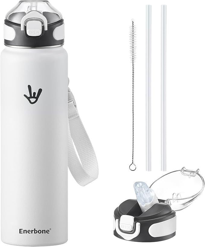 Enerbone 32 oz Insulated Water Bottle, Stainless Steel Bottle with Carrying Strap, Double-Wall Vacuum Insulation Design, Leakproof Sports Bottle with Straw, Keep Drinks Cold or Hot for Hours