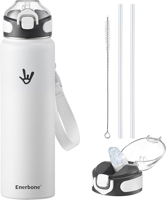 Enerbone 32 oz Insulated Water Bottle, Stainless Steel Bottle with Carrying Strap, Double-Wall Vacuum Insulation Design, Leakproof Sports Bottle with Straw, Keep Drinks Cold or Hot for Hours