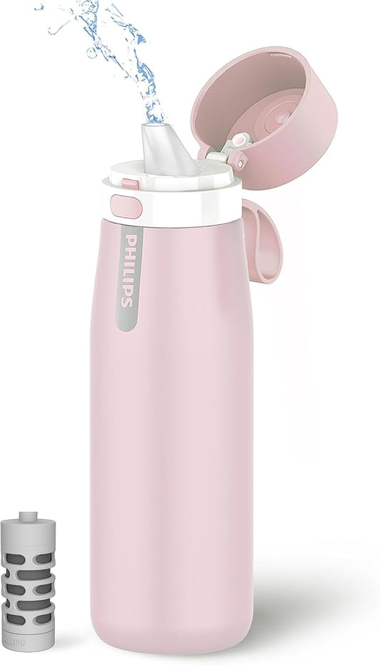 PHILIPS Water Bottle with Filter, Filter Water Bottle Stainless Steel with GoZero Everyday BPA-Free Tap Water Filter, Water Filter Bottle Keep Drink Cold 24 Hours, 1 Filter for 40 gal / 2 Months