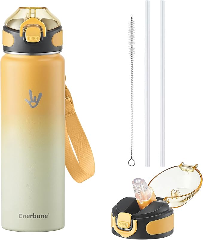 Enerbone 24 oz Insulated Water Bottle, Stainless Steel Bottle with Carrying Strap, Double-Wall Vacuum Insulation Design, Leakproof Sports Bottle with Straw, Keep Drinks Cold or Hot for Hours