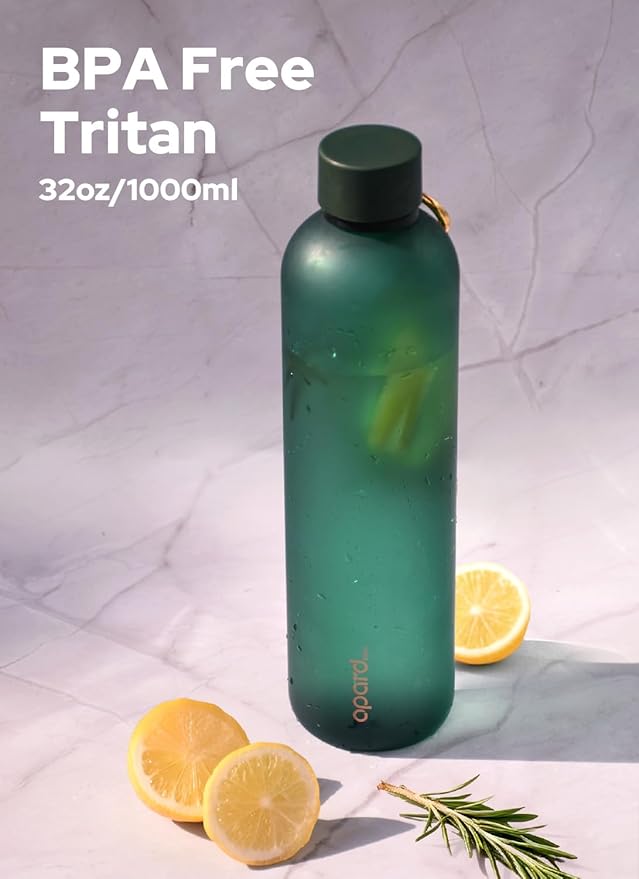 Opard Slim Water Bottle 32oz, Dishwasher Safe Plastic Water Bottle BPA-Free, Leakproof Screw Top, Forest Green, Reusable for Travel School Sport Gym Hiking