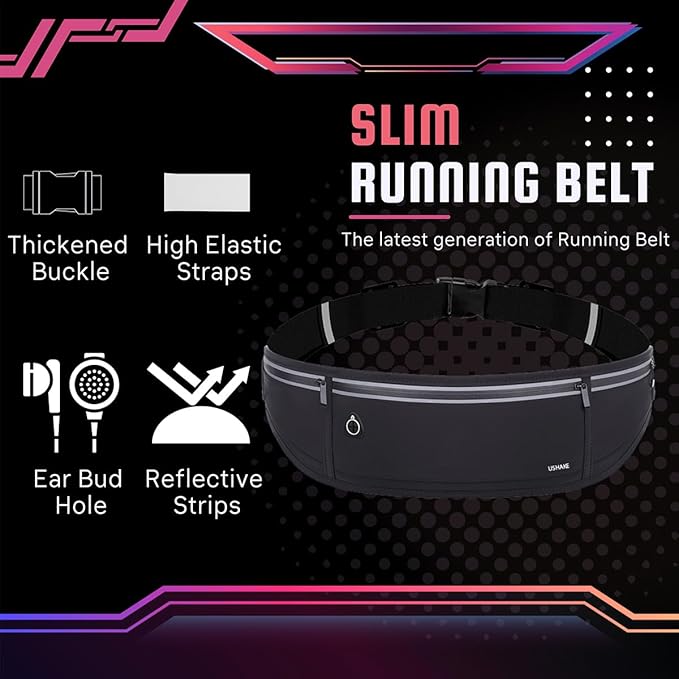 USHAKE Slim Running Belt, Workout Fanny Pack for Men Women,Exercise Waist Pack for Apple iPhone Holder, Runner Belt for Running Walking Cycling Camping Gym Black
