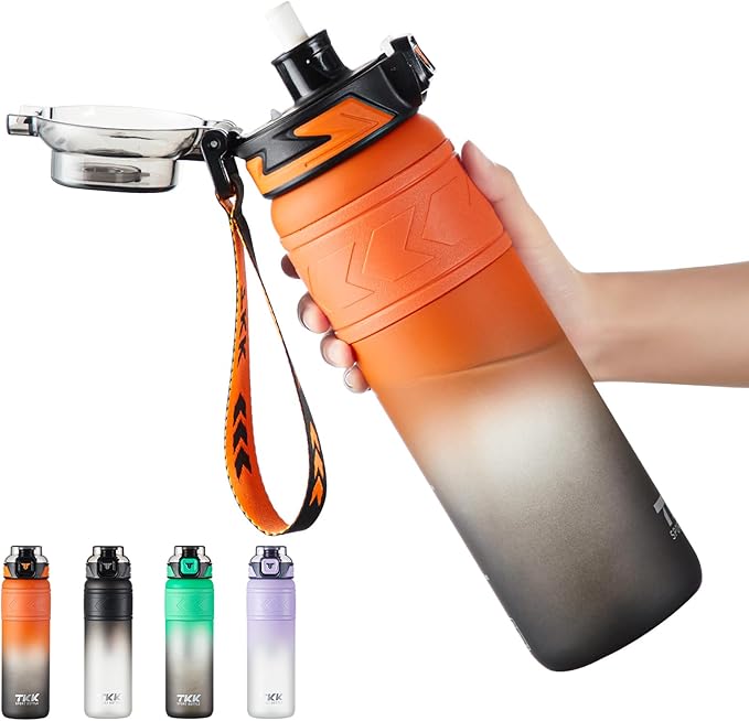 TKK Sports Water Bottles with Removable Straw 34 oz Leak-proof Flip Top Lid BPA Free Tritan Bottles with Strap for School, Fitness, Gym, Outdoor, Orange-Black