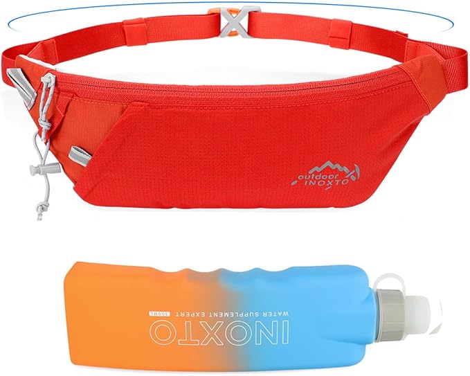 INOXTO Slim Running Belt Fanny Pack for Women and Men Sports Waist Bag Pack with 300ml Water Bottle for Running Walking Cycling Hiking Reflective Running Pouch Belt for All Phones (Black) (Orange)
