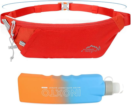 INOXTO Slim Running Belt Fanny Pack for Women and Men Sports Waist Bag Pack with 300ml Water Bottle for Running Walking Cycling Hiking Reflective Running Pouch Belt for All Phones (Black) (Orange)