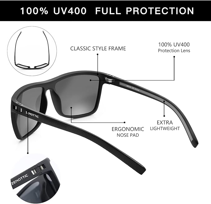 ZENOTTIC Polarized Sunglasses for Men Lightweight TR90 Frame UV400 Protection Square Sun Glasses
