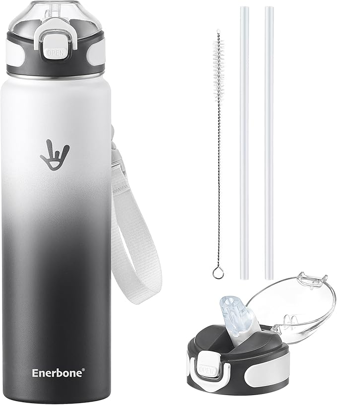 Enerbone 32 oz Insulated Water Bottle, Stainless Steel Bottle with Carrying Strap, Double-Wall Vacuum Insulation Design, Leakproof Sports Bottle with Straw, Keep Drinks Cold or Hot for Hours