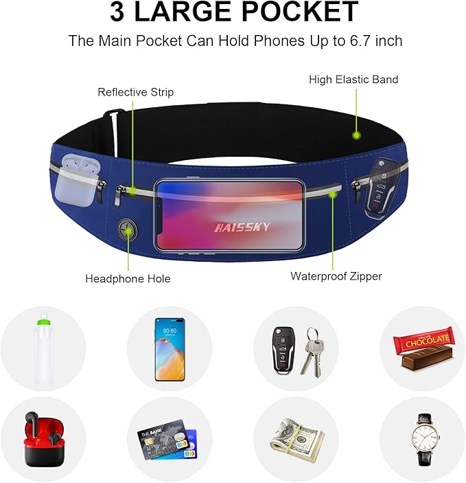 Guzack Slim Running Belt for Phone 6.8'', Ultra Light Running Belts for Women/Men, Zipper Waterproof Running Waist Pack, Reflective Running Fanny Pack With 3 Separate pouch