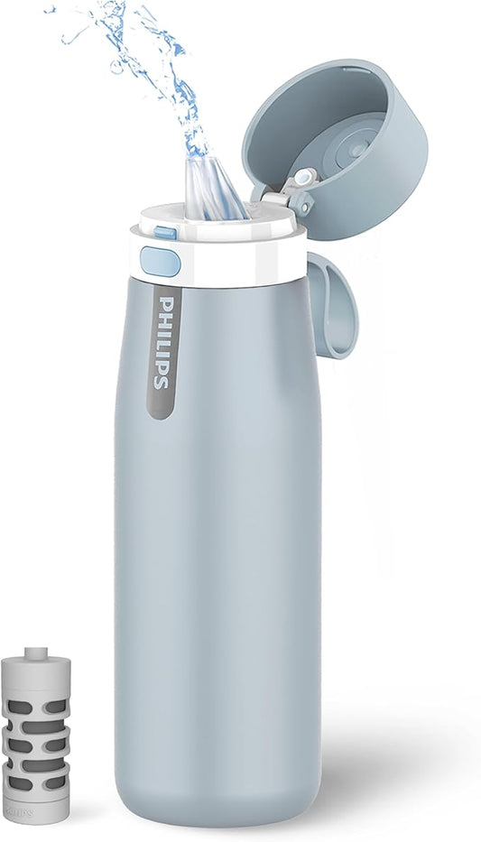 PHILIPS Water Bottle with Filter, Filter Water Bottle Stainless Steel with GoZero Everyday BPA-Free Tap Water Filter, Water Filter Bottle Keep Drink Cold 24 Hours, 1 Filter for 40 gal / 2 Months