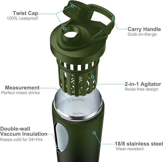 Stainless Steel Shaker Bottle with Noise-Free Design - Patented 24 oz Insulated Metal Shakers Bottles Cup for Protein Mixes and Pre Workout 100% Leak Proof (Black Forest)