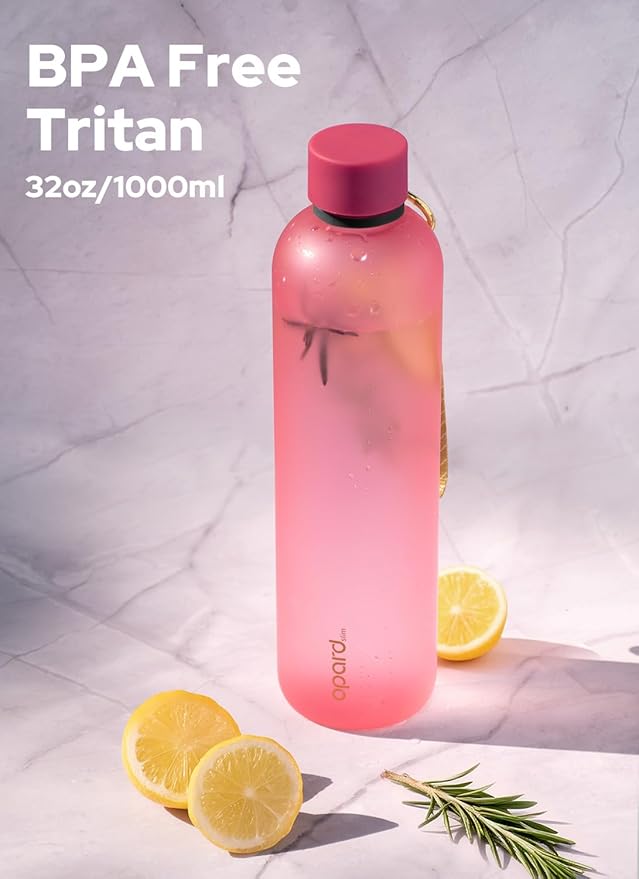 Opard Slim Water Bottle 32oz, Dishwasher Safe Plastic Water Bottle BPA-Free, Leakproof Screw Top, Flamingo Pink, Reusable for Travel School Sport Gym Hiking