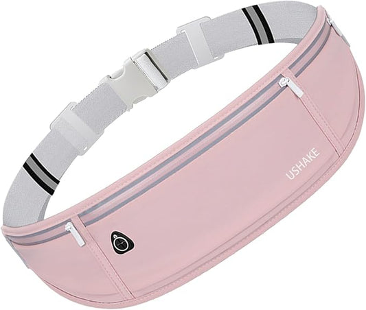 USHAKE Slim Running Belt, Workout Fanny Pack for Men Women,Exercise Waist Pack for Apple iPhone Holder, Runner Belt for Running Walking Cycling Camping Gym Light Pink