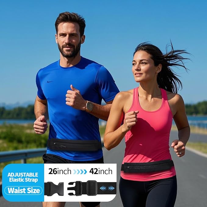 USHAKE Slim Running Belt for Women Men-Runners Phone Holder Fanny Pack, Adjustable, Bounce Free Waist Pouch bag for Workout, Money Belt, Run Gear Accessories Black Nude