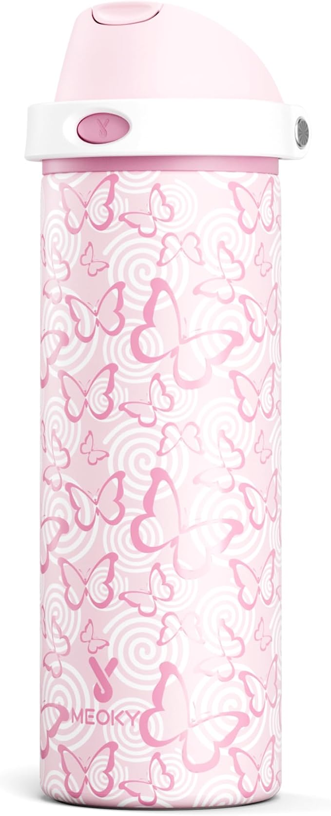 24 oz Insulated Water Bottle with Straw: Meoky Stainless Steel Metal Water Bottle with 2-in-1 Lid - Leak Proof, Cold for 24 Hours, Protective Silicone Base, BPA-Free for Sports Travel Car, Butterfly