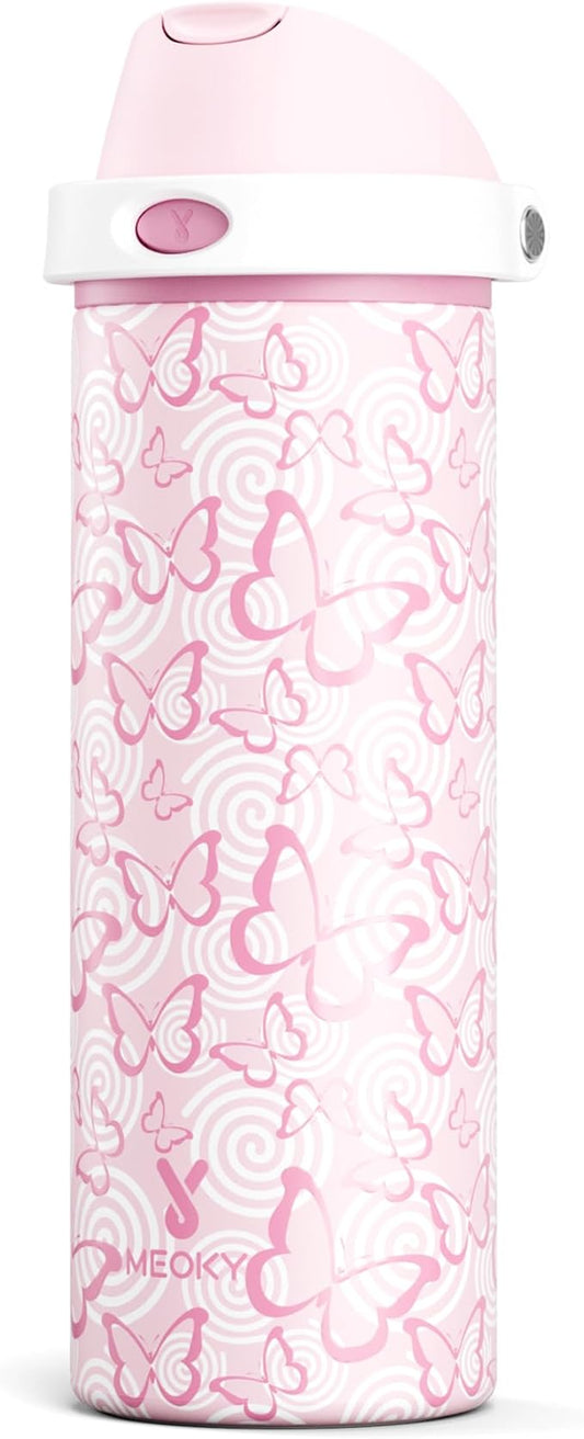 24 oz Insulated Water Bottle with Straw: Meoky Stainless Steel Metal Water Bottle with 2-in-1 Lid - Leak Proof, Cold for 24 Hours, Protective Silicone Base, BPA-Free for Sports Travel Car, Butterfly