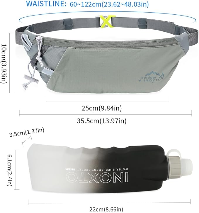 INOXTO Slim Running Belt Fanny Pack for Women and Men Sports Waist Bag Pack with 300ml Water Bottle for Running Walking Cycling Hiking Reflective Running Pouch Belt for All Phones (Black) (Gray)