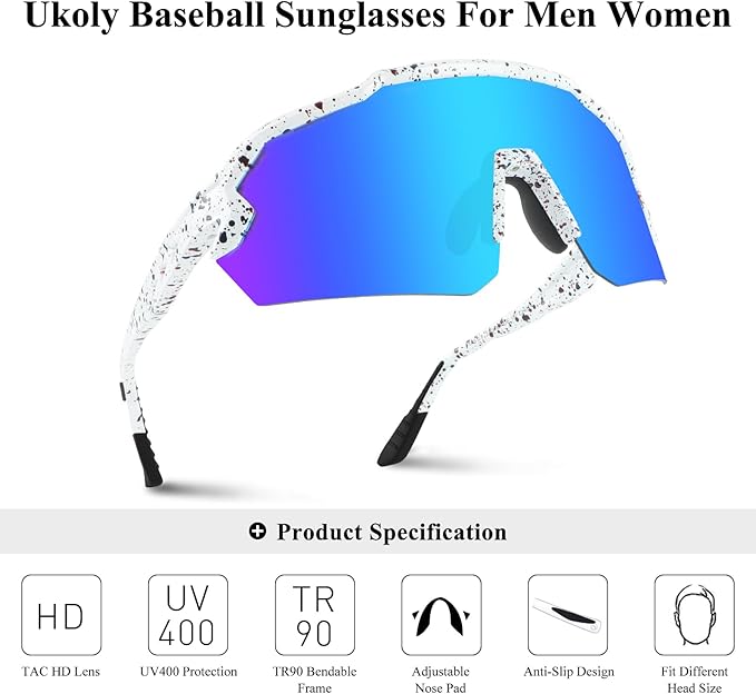Ukoly Baseball Sunglasses For Men Women,Sports Sunglasses For Baseball Running Cycling UV400 protection TR90 Frame 615