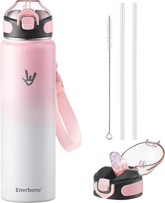 Enerbone 32 oz Insulated Water Bottle, Stainless Steel Bottle with Carrying Strap, Double-Wall Vacuum Insulation Design, Leakproof Sports Bottle with Straw, Keep Drinks Cold or Hot for Hours