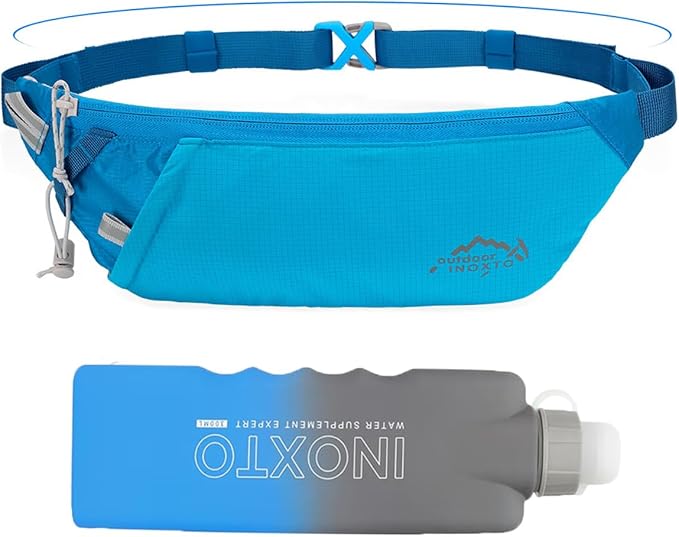 INOXTO Slim Running Belt Fanny Pack for Women and Men Sports Waist Bag Pack with 300ml Water Bottle for Running Walking Cycling Hiking Reflective Running Pouch Belt for All Phones (Black) (Blue)