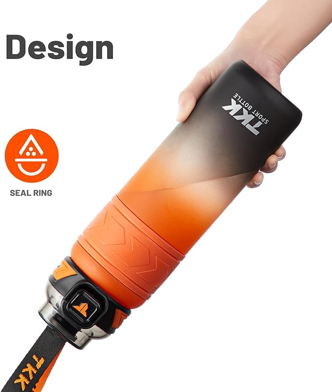 TKK Sports Water Bottles with Removable Straw 34 oz Leak-proof Flip Top Lid BPA Free Tritan Bottles with Strap for School, Fitness, Gym, Outdoor, Orange-Black