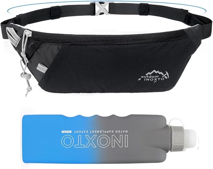 INOXTO Slim Running Belt Fanny Pack for Women and Men Sports Waist Bag Pack with 300ml Water Bottle for Running Walking Cycling Hiking Reflective Running Pouch Belt for All Phones (Black) (Black)