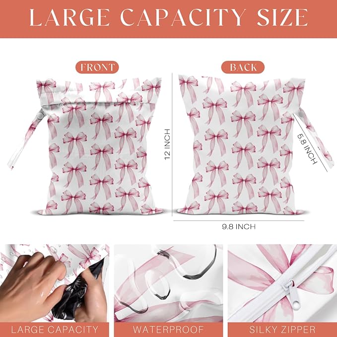 4 Pack Cute Pink Blue Bow Watercolor Leopard Bow Wet Bag Waterproof Reusable Wet Dry Bag for Swimsuit Dirty Clothes Diaper Beach Pool Gym Party Camping Gift for Women Mom Mama Birthday Christmas
