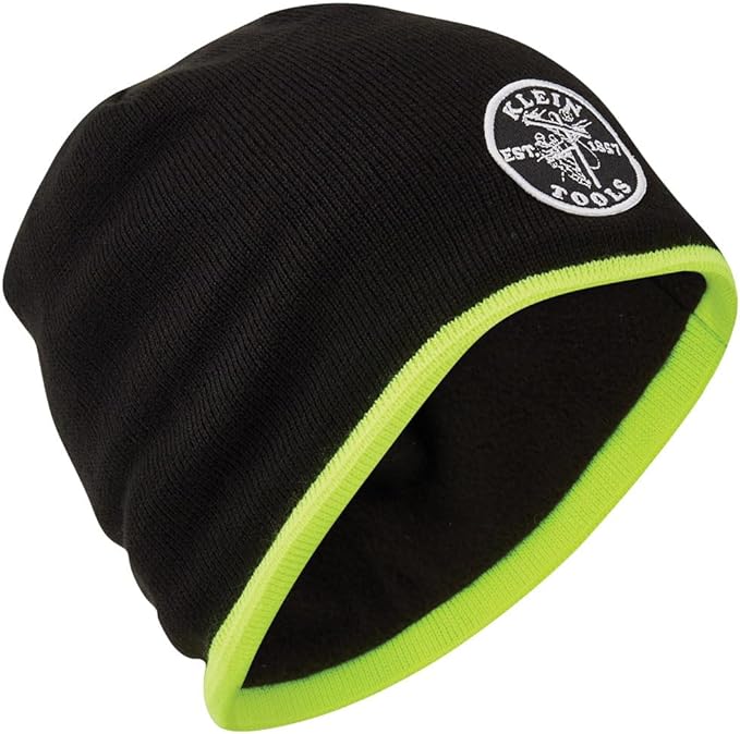 Klein Tools 60391 Knit Beanie, Thermal Fleece Winter Hat, Windproof, Fits under Helmets, Black with High-Visibility Yellow Band Trim