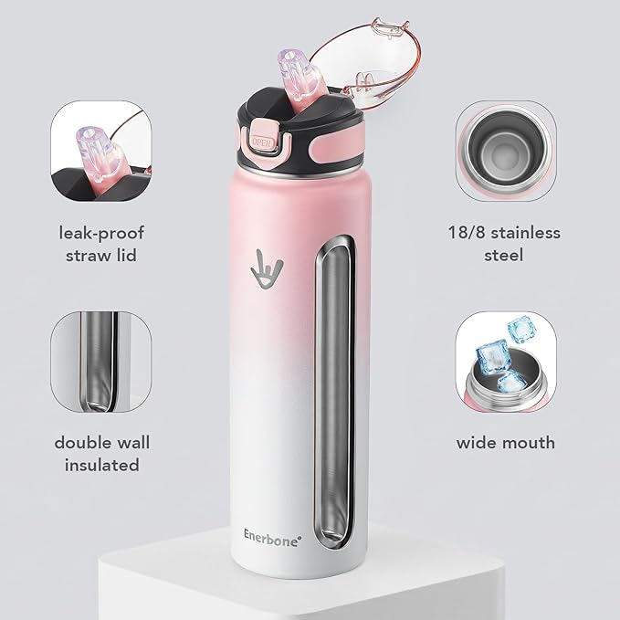 Enerbone 32 oz Insulated Water Bottle, 32oz 2 Lids (with Straw/No Straw), Stainless Steel Double Wall Flask for Hot & Cold Drinks, Leakproof Travel Bottle for Gym, Office, Hiking