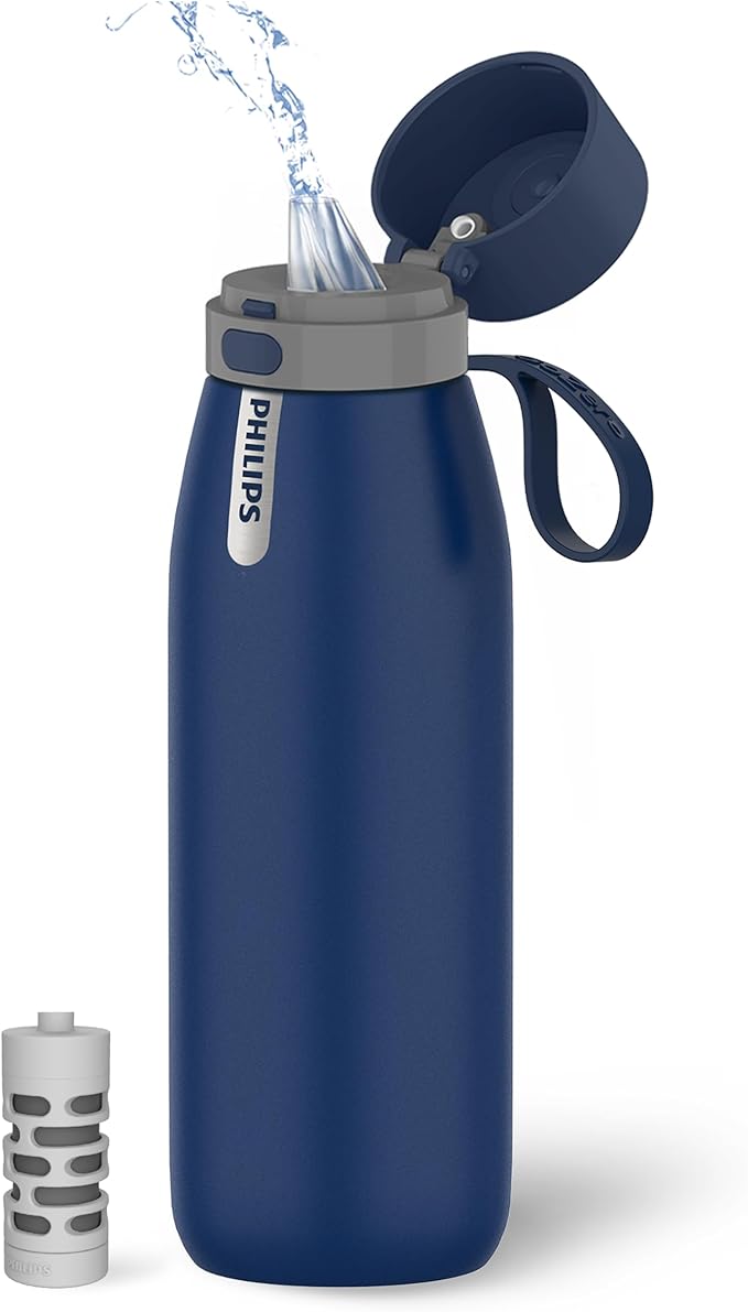 PHILIPS Water Bottle with Filter, Filter Water Bottle Stainless Steel with GoZero Everyday BPA-Free Tap Water Filter, Water Filter Bottle Keep Drink Cold 24 Hours, 1 Filter for 40 gal / 2 Months
