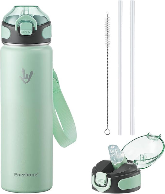 Enerbone 24 oz Insulated Water Bottle, Stainless Steel Bottle with Carrying Strap, Double-Wall Vacuum Insulation Design, Leakproof Sports Bottle with Straw, Keep Drinks Cold or Hot for Hours