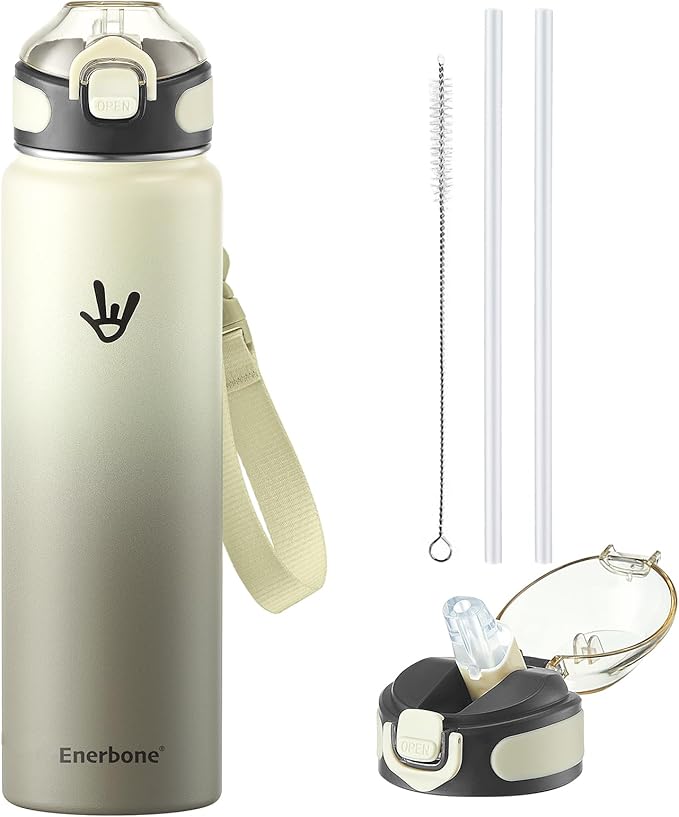 Enerbone 32 oz Insulated Water Bottle, Stainless Steel Bottle with Carrying Strap, Double-Wall Vacuum Insulation Design, Leakproof Sports Bottle with Straw, Keep Drinks Cold or Hot for Hours