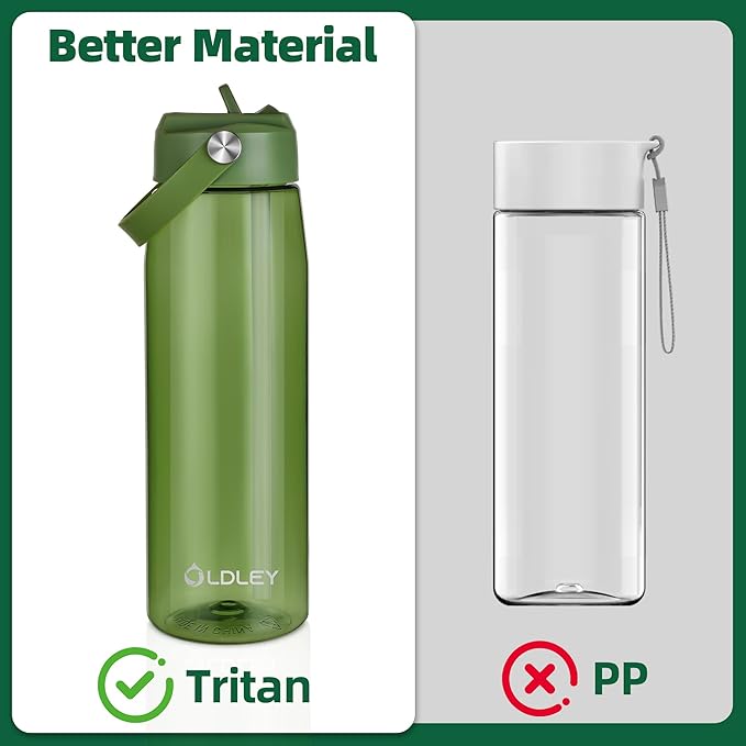 OLDLEY 32 oz Water Bottle with Straw, Leakproof Sports Water Bottle with Carry Strap, BPA-Free Large Water Bottles for Home,Travel, School, Outdoors, Gym, Tritan, Olive Green