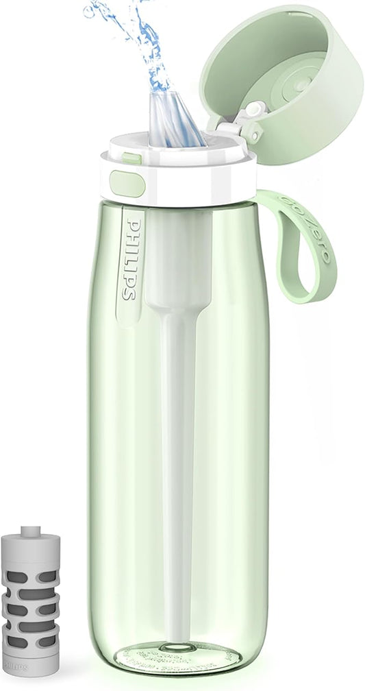 PHILIPS Filtered Water Bottle, BPA-Free Tritan Plastic Water Bottles, Replaces 450 Plastic Water Bottle with Reusable GoZero Everyday Water Filter, Portable Filtering Bottle for Travel, 22 oz, Green