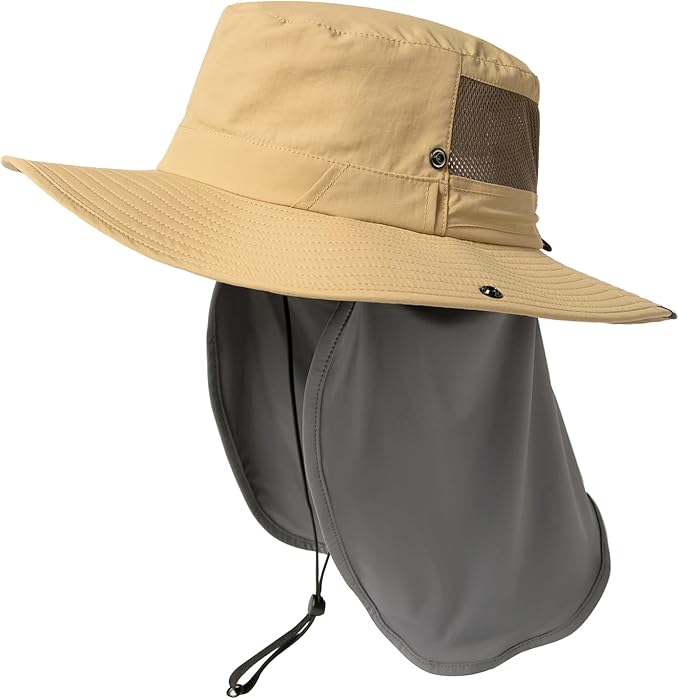 TOP-EX L/XL/XXL UV Protection Mens Sun Hat with Cooling Neck Flap Sunglass Lock Wide Brim Fishing Hats Waterproof & Packable