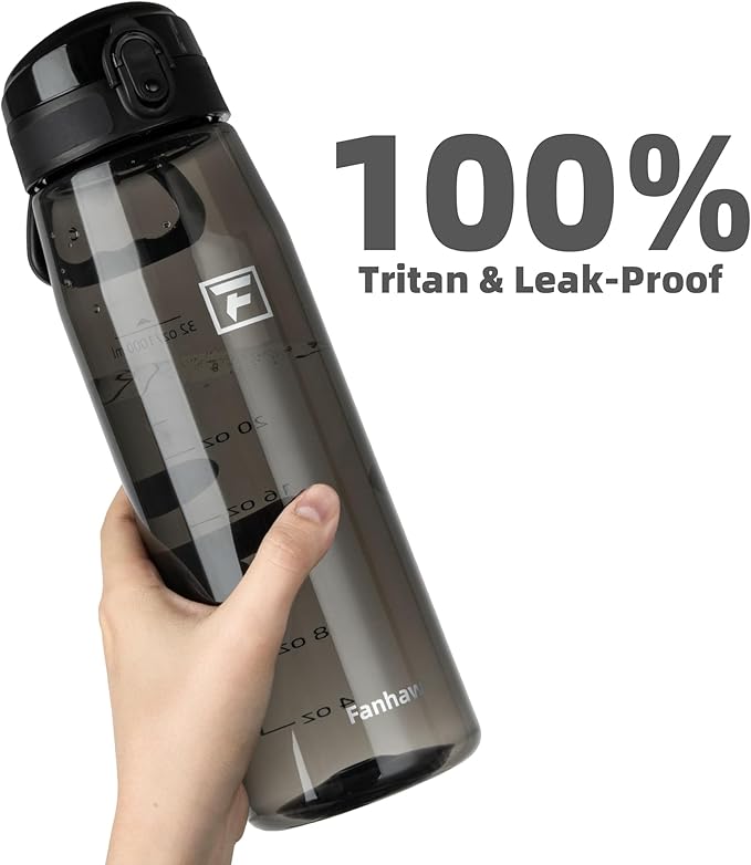 Fanhaw 32 oz Tritan Water Bottle with Chug Lid - Clear, BPA-Free, Lightweight, Wide Mouth, Leak-Proof, Perfect for Gym, Travel, School, Office, and Sports (Black)