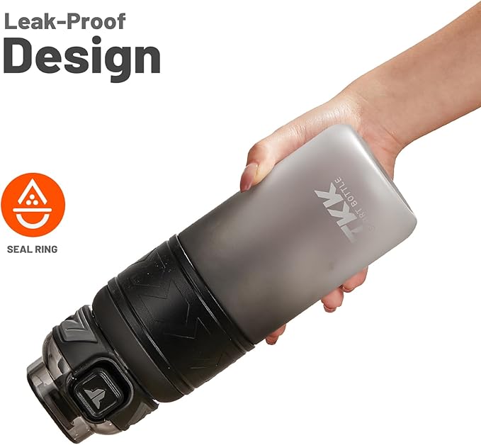 TKK Sports Water Bottles with Removable Straw 29 oz Leak-proof Flip Top Lid BPA Free Tritan Bottles with Strap for School, Fitness, Gym, Outdoor, Black-White