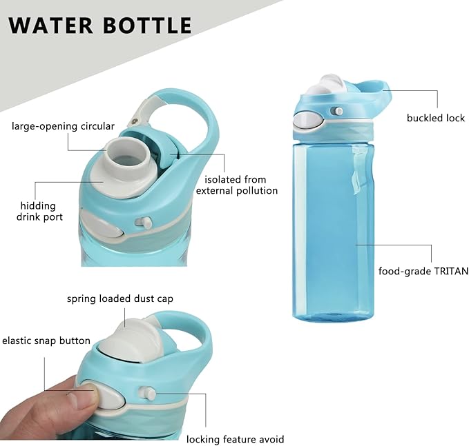 DEARART 20oz Sky Blue Sport Water Bottle No Straw Wide Spout, 100% Leakproof Flip up Lid Lockable Has Handle Carry Easily, Suit Sports School Office Yoga Home etc.