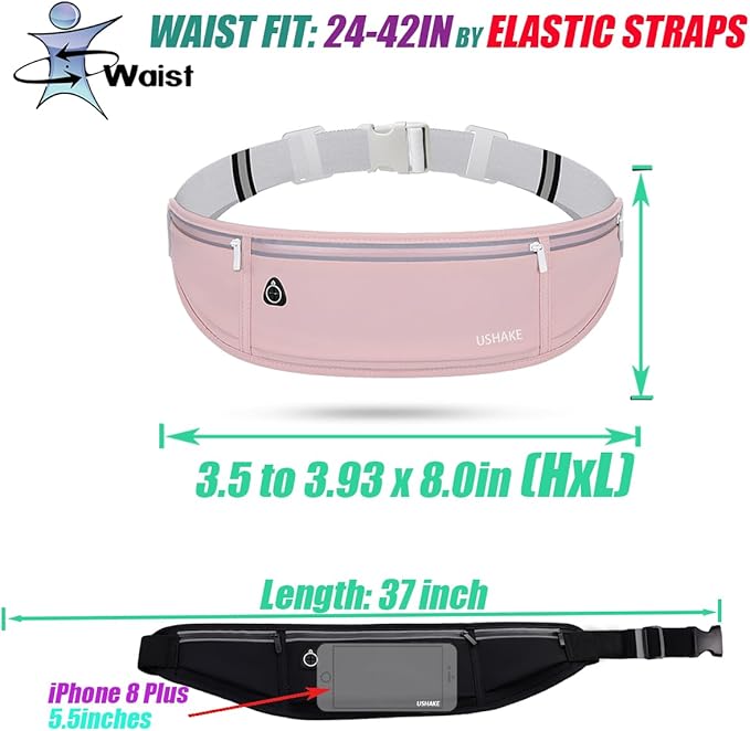 USHAKE Slim Running Belt, Workout Fanny Pack for Men Women,Exercise Waist Pack for Apple iPhone Holder, Runner Belt for Running Walking Cycling Camping Gym Light Pink