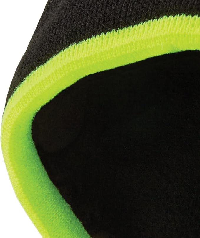 Klein Tools 60391 Knit Beanie, Thermal Fleece Winter Hat, Windproof, Fits under Helmets, Black with High-Visibility Yellow Band Trim