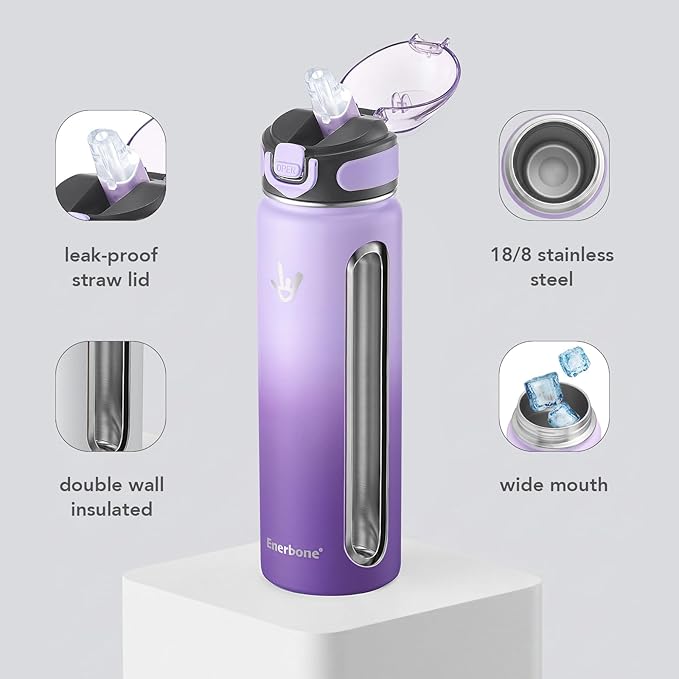 Enerbone 24 oz Insulated Water Bottle, 24oz 2 Lids (with Straw/No Straw), Stainless Steel Double Wall Flask for Hot & Cold Drinks, Leakproof Travel Bottle for Gym, Office, Hiking