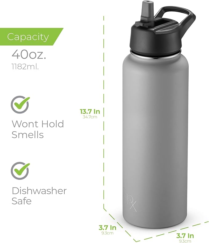 SIPX™ 40 oz Insulated Water Bottle with 3 Lids – Leakproof Stainless Steel, Triple Insulated – Cold 24 Hours/Hot 12 Hours – Durable Bottle for School, Gym, Travel – Grey