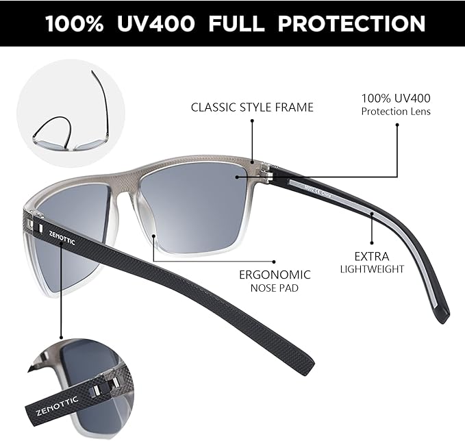 ZENOTTIC Polarized Sunglasses for Men Lightweight TR90 Frame UV400 Protection Square Sun Glasses