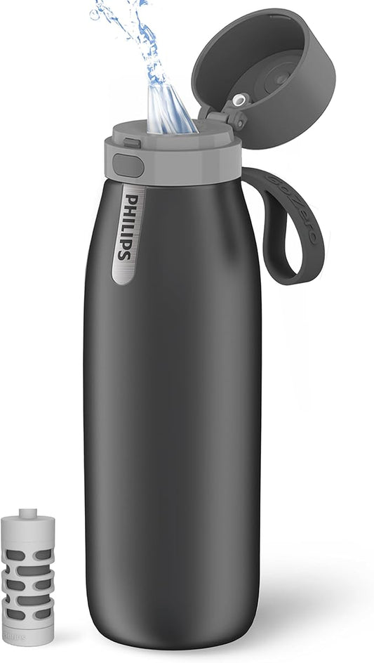 PHILIPS Water Bottle with Filter, Filter Water Bottle Stainless Steel with GoZero Everyday BPA-Free Tap Water Filter, Water Filter Bottle Keep Drink Cold 24 Hours, 1 Filter for 40 gal / 2 Months
