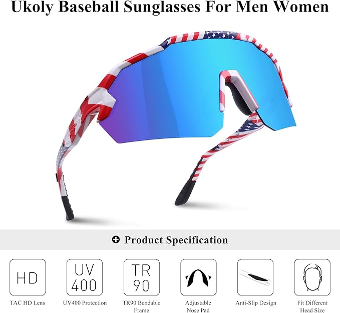 Ukoly Baseball Sunglasses For Men Women,Sports Sunglasses For Baseball Running Cycling UV400 protection TR90 Frame 615