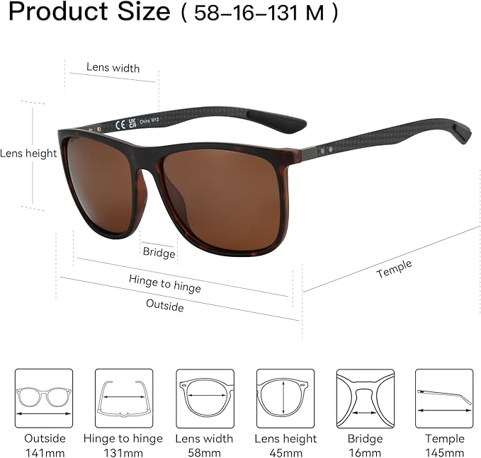 ZENOTTIC Square Polarized Sunglasses for Men Ultralight Carbon Fiber Sun Glasses Driving Fishing Golf Sports UV400 Protection