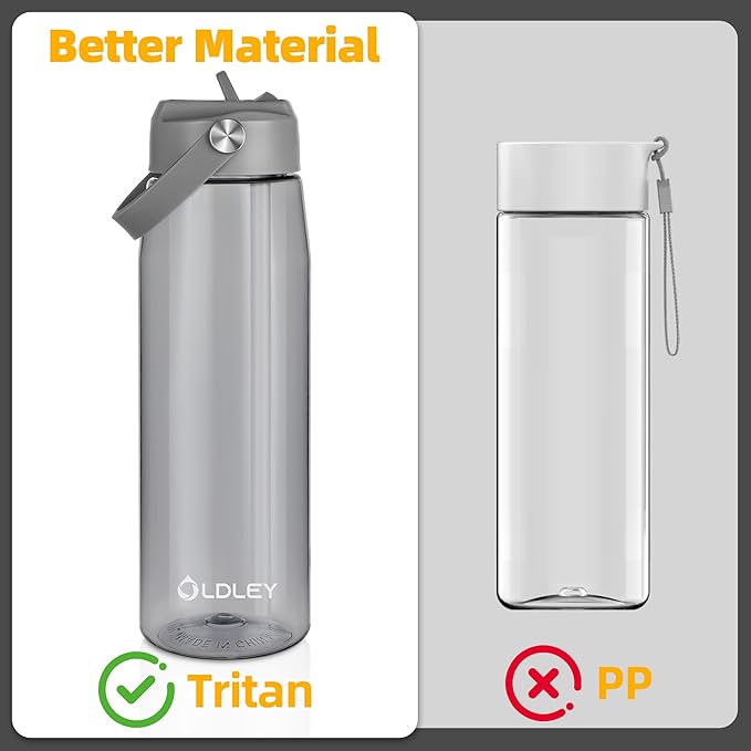 OLDLEY 32 oz Water Bottle with Straw, Leakproof Sports Water Bottle with Carry Strap, BPA-Free Large Water Bottles for Home,Travel, School, Outdoors, Gym, Tritan, Gray